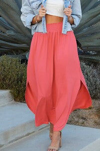 Coral Smocked Waist Maxi Skirt With Side Pocket