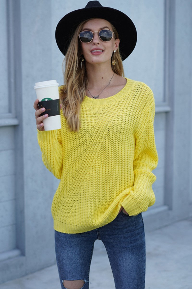 Yellow Cable Knit Crew Neck Sweater