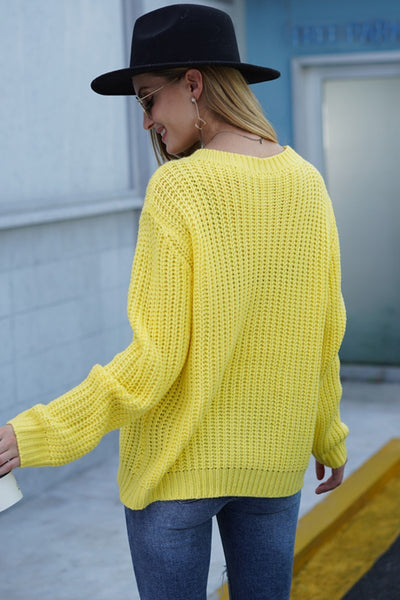 Yellow Cable Knit Crew Neck Sweater