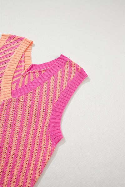 Strawberry Pink Contrast Chevron Knit V Neck Sweater Vest
