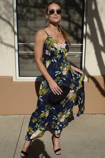 Navy Blue Tropical Floral Vacation Maxi Dress