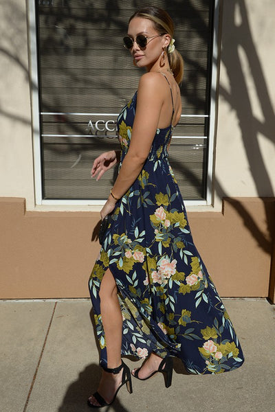 Navy Blue Tropical Floral Vacation Maxi Dress