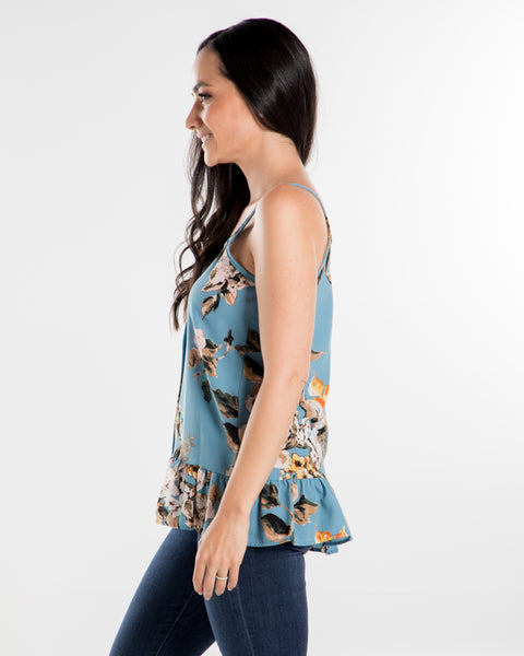 Blue Floral Print Button Up Cami Top,,GlamStoresOnline