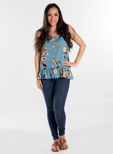 Blue Floral Print Button Up Cami Top,,GlamStoresOnline