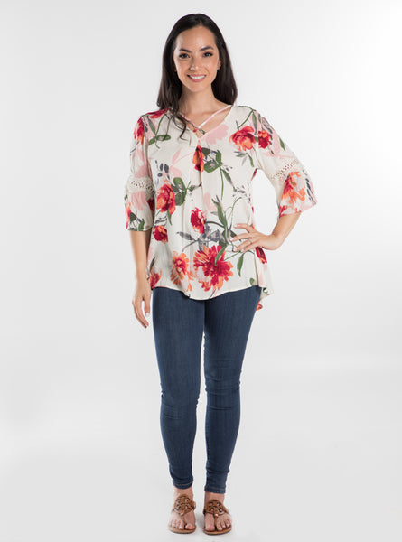 Ivory Multi Color Floral 3/4 Sleeve Top,BLOUSE,GlamStoresOnline