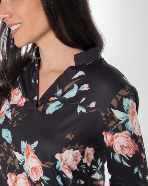 Black Floral Printed Notch Neckline Long Sleeve Top,,GlamStoresOnline