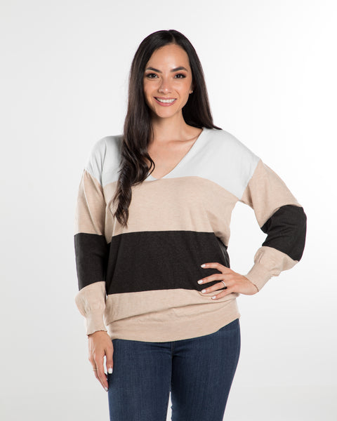 Beige Black Knitted Color Block Fall Sweater Top,,GlamStoresOnline
