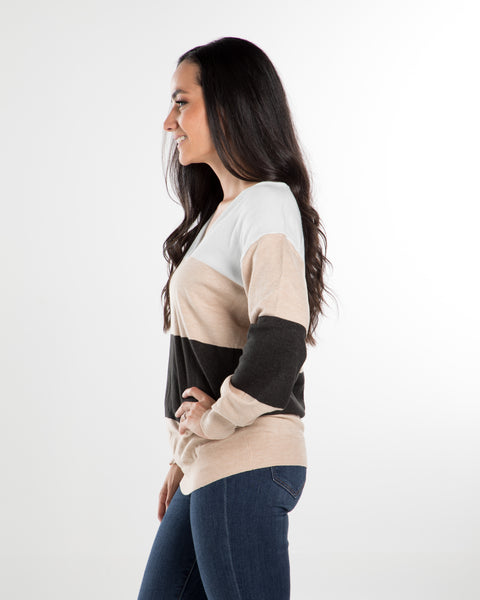 Beige Black Knitted Color Block Fall Sweater Top,,GlamStoresOnline