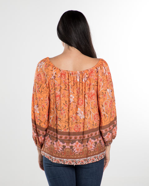 Orange Floral Print Long Sleeve Off Shoulder Top,,GlamStoresOnline
