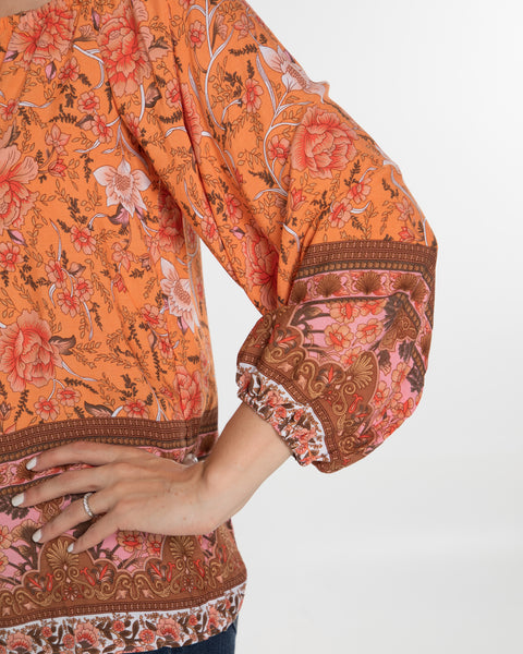 Orange Floral Print Long Sleeve Off Shoulder Top,,GlamStoresOnline