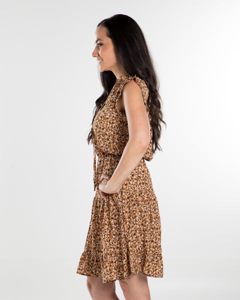 Mustard Notched Neckline Sleeveless Mini Dress,,GlamStoresOnline