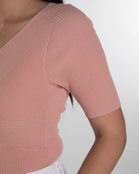 Light Pink Ribbed Knit Twist Front Bodysuit Top,,GlamStoresOnline