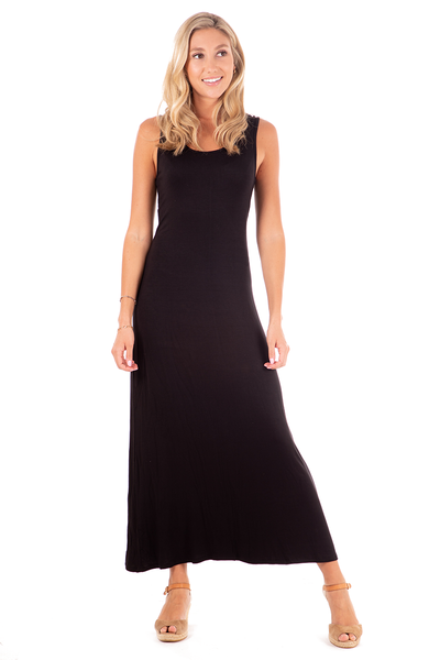 Black Ribbed Knit Scoop Neck Maxi Dress,,GlamStoresOnline