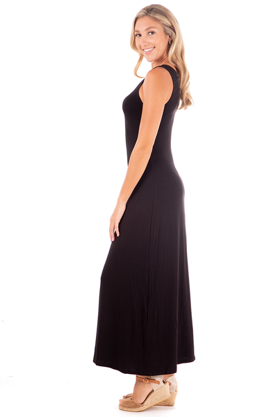 Black Ribbed Knit Scoop Neck Maxi Dress,,GlamStoresOnline