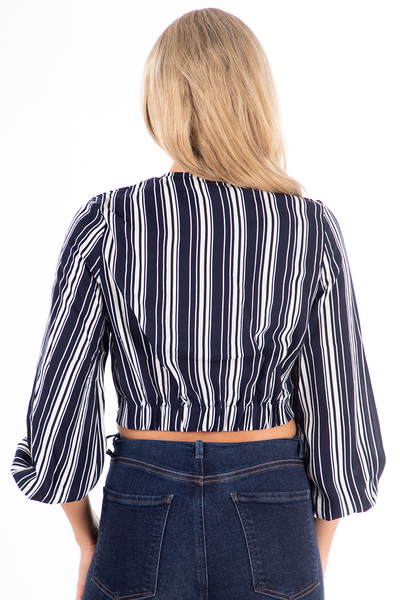 Navy White Stripe Front Tie Knot Long Sleeve Crop Top,BLOUSE,GlamStoresOnline