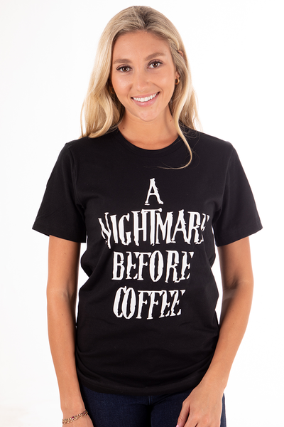 Black Nightmare Before Coffee Halloween Graphic Tee,,GlamStoresOnline
