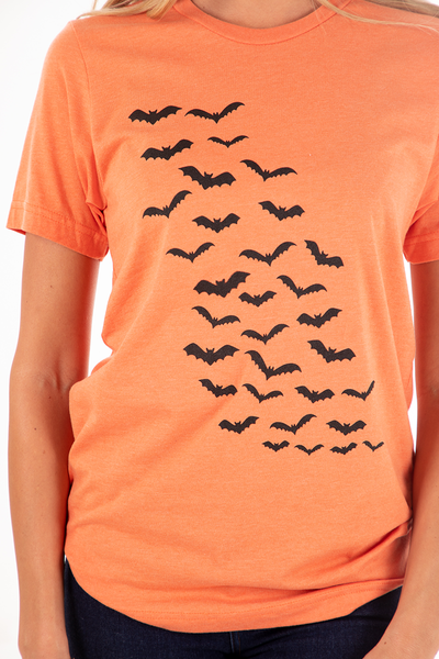Orange Halloween Bats Spooky Graphic Tee,,GlamStoresOnline