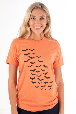 Orange Halloween Bats Spooky Graphic Tee,,GlamStoresOnline