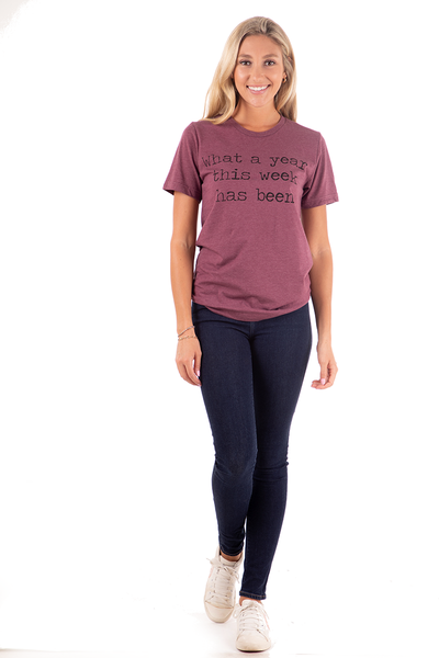 Heather Maroon "What a Year!" Graphic Tee Shirt,shirts,GlamStoresOnline