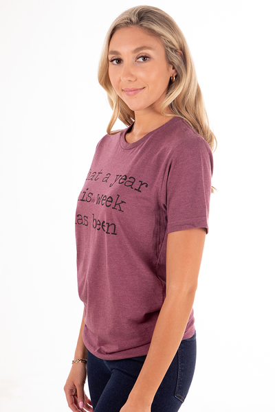 Heather Maroon "What a Year!" Graphic Tee Shirt,shirts,GlamStoresOnline