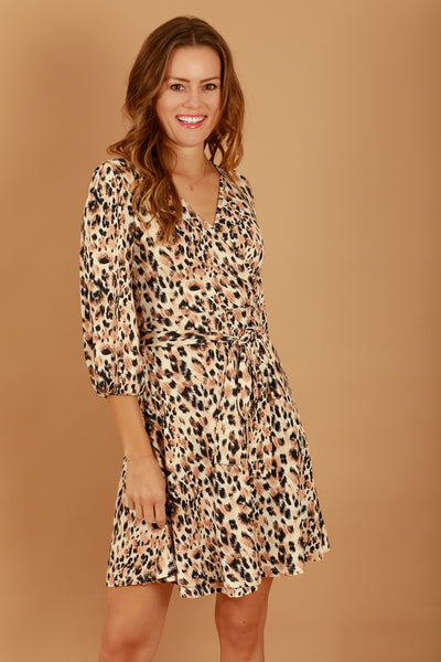 3/4 Sleeve Leopard Print Wrap Dress