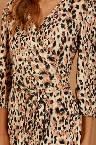 3/4 Sleeve Leopard Print Wrap Dress