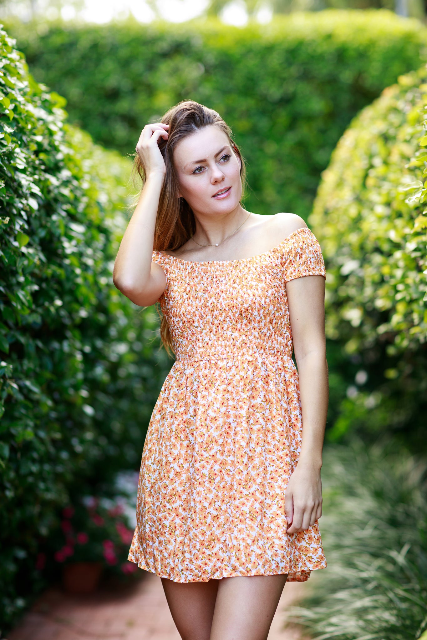 Karlie Orange Smocked Floral Babydoll Dress,,GlamStoresOnline