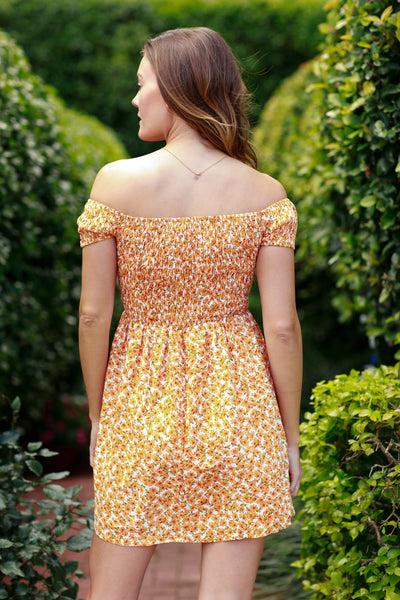 Karlie Orange Smocked Floral Babydoll Dress,,GlamStoresOnline