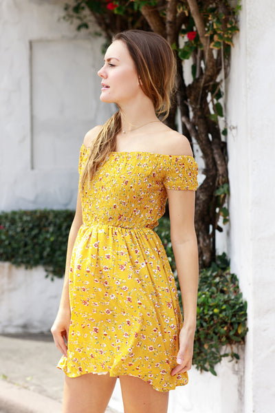Karlie Mustard Smocked Floral Babydoll Dress,,GlamStoresOnline
