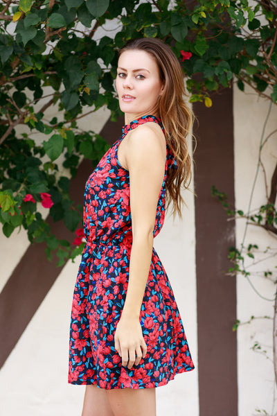 Amy Navy Red Halter Neck Floral Mini Dress,,GlamStoresOnline