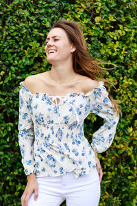 Diana White Blue Floral Long Sleeve Blouse,BLOUSE,GlamStoresOnline
