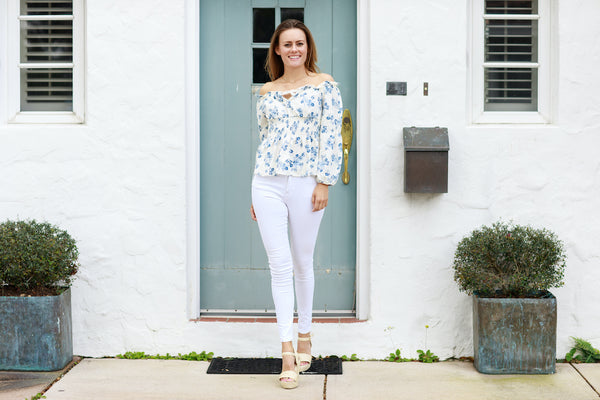 Diana White Blue Floral Long Sleeve Blouse