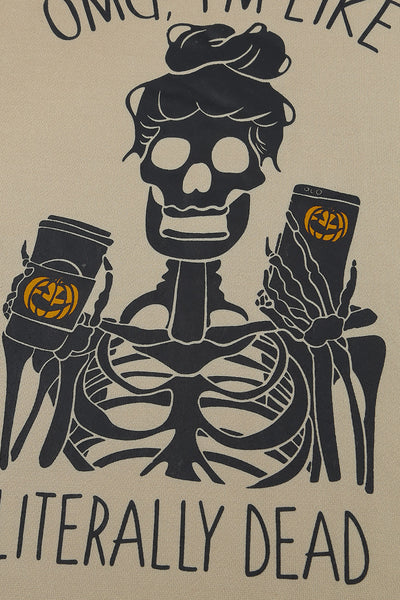 Beige Halloween Skeleton Print Crew Neck Pullover Sweatshirt