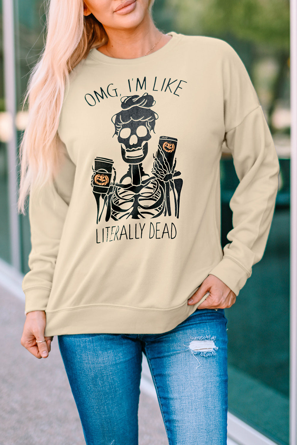 Beige Halloween Skeleton Print Crew Neck Pullover Sweatshirt