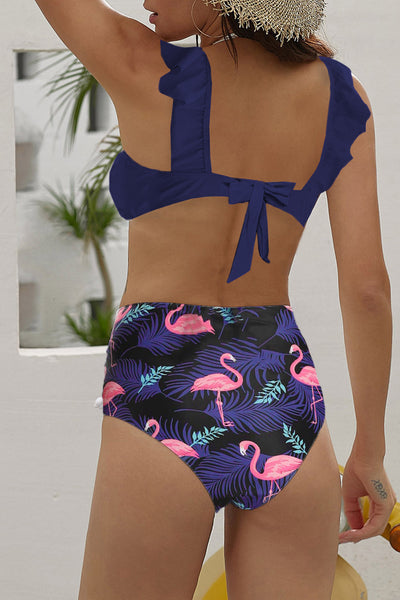 Navy Blue Ruffle Halter Floral Printed High Waist Bottom Bikini