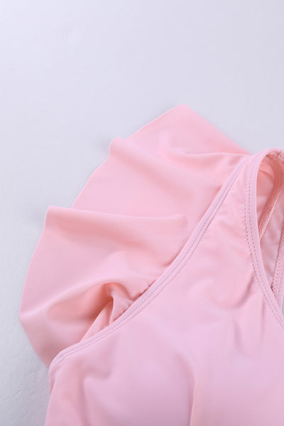 Pink Ruffle Shoulder Top Floral Printed High Waist Bottom Bikini