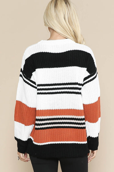 Orange Black White Striped Knitted Color Block Fall Sweater,,GlamStoresOnline
