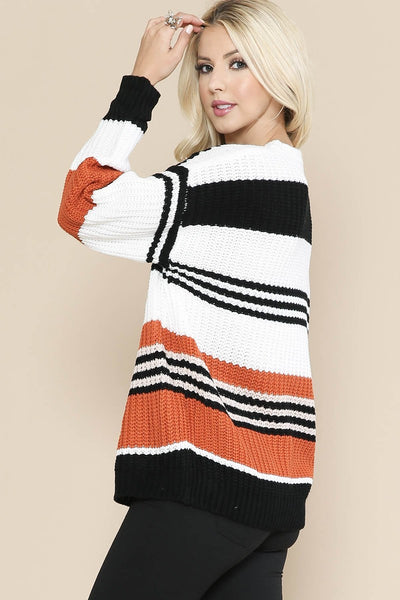 Orange Black White Striped Knitted Color Block Fall Sweater,,GlamStoresOnline