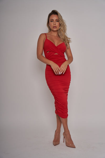 Red Cross Front Ruched Midi Dress
